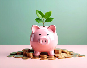 Investment strategies for savings growth piggy bank surrounded by coins in a tranquil environment showcasing financial prosperity