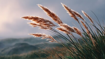 Tall grass sways gently in a misty landscape, capturing the essence of tranquility and nature's beauty amidst soft, muted colors.