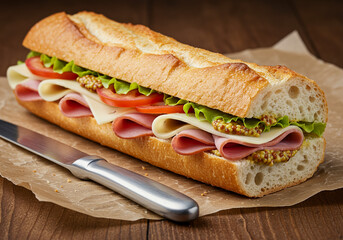 Crunchy baguette sandwich with ham, cheese, and fresh greens. Delicious deli-style lunch option presented on rustic parchment paper.