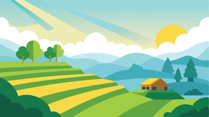 Obraz premium Charming Cartoon Rice Fields Zigzag Paths