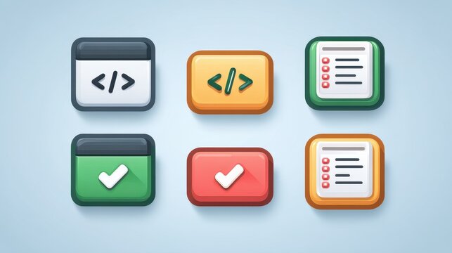 Icons representing various coding and documentation functions in a modern design, featuring vibrant colors and distinct shapes.