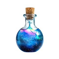 Mystical Glass Potion Bottle Filled with a Sparkling Blue, Purple, and Pink Galaxy Liquid, Evoking Magic, Dreams, and Cosmic Wonders.