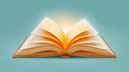 A glowing open book with pages turning, set against a teal background, symbolizes knowledge and imagination.