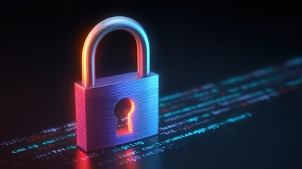 A digital padlock symbolizes cybersecurity, set against a backdrop of coded text, representing data protection and privacy.