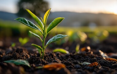 A young green plant sprouting from rich dark soil, with tea leaves scattered on the ground.
