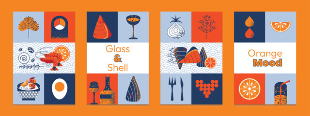 Posters modern geometric seafood with oyster, shrimp, citrus