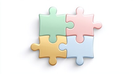 Four colorful puzzle pieces interlocked, symbolizing teamwork and problem-solving in a minimalist style.