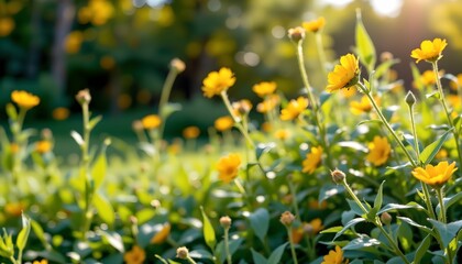a serene outdoor setting featuring a field of yellow flowers in full bloom under bright sunlight