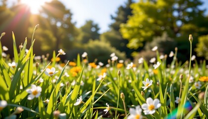 a serene day in a park with a carpet of wildflowers blooming under the sunlight