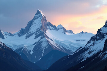 A snowy mountain peak with a pink sky in the background, perfect for winter or travel-themed projects
