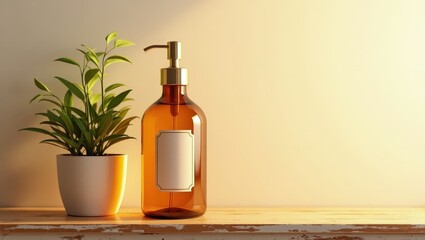 Amber glass pump bottle with blank label standing on a wooden shelf next to a potted plant with pink berries.