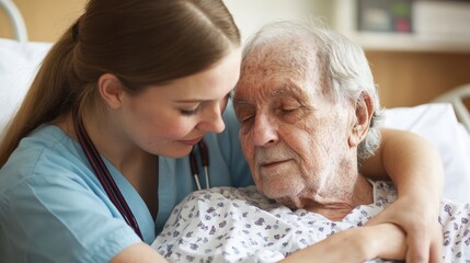 Obraz premium Nurse comforting elderly patient