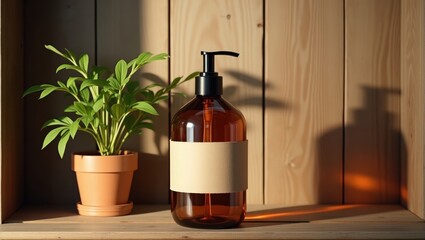 Amber glass pump bottle with blank label standing on a wooden shelf next to a potted plant with pink berries.