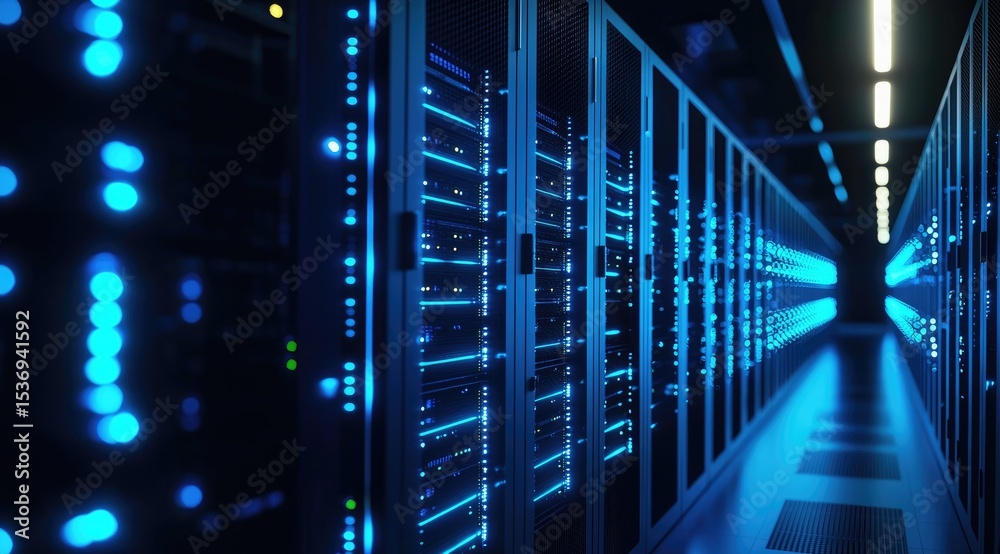 Poster futuristic data center corridor with glowing blue server racks and overhead lighting, ideal for clou