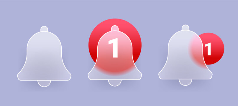 Glass morphism notification bell set with red round. Vector icon illustration