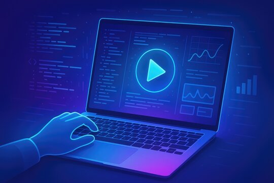 Laptop screen showing video player and data analytics