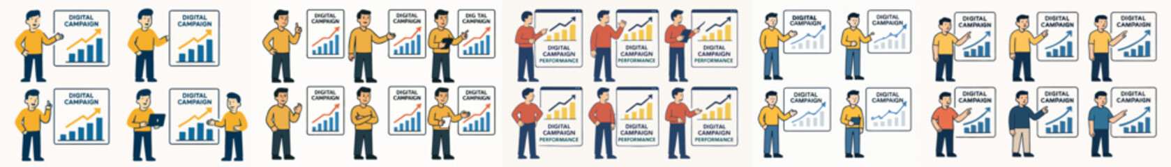 Vector Set Man Presenting Digital Campaign Performance with Upward Trend Graph Illustration, flat desain

