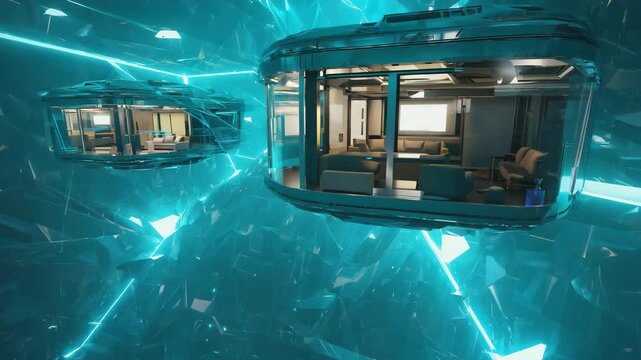 futuristic floating apartments inside neon digital grid, futuristic floating apartments with neon blue grid and sci-fi interior housing inside floating apartments