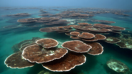 Expansive Underwater View of a Healthy Coral Reef with Numerous Table Corals Thriving in Clear Turquoise Water
