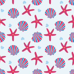 Colorful Tropical seashells and starfish seamless pattern.Mediterranean summer abstract background. Hawaii marine folk art.Hand drawn illustration for seasonal design, surface,holiday vacation deco.