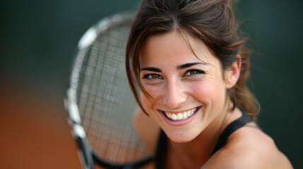 Radiant Young Brunette Woman with Tennis Racket Smiling Brightly on a Clay Court, Embodying Athleticism and Joy