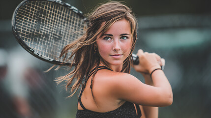 Radiant Young Brunette Woman with Tennis Racket Smiling Brightly on a Clay Court, Embodying Athleticism and Joy