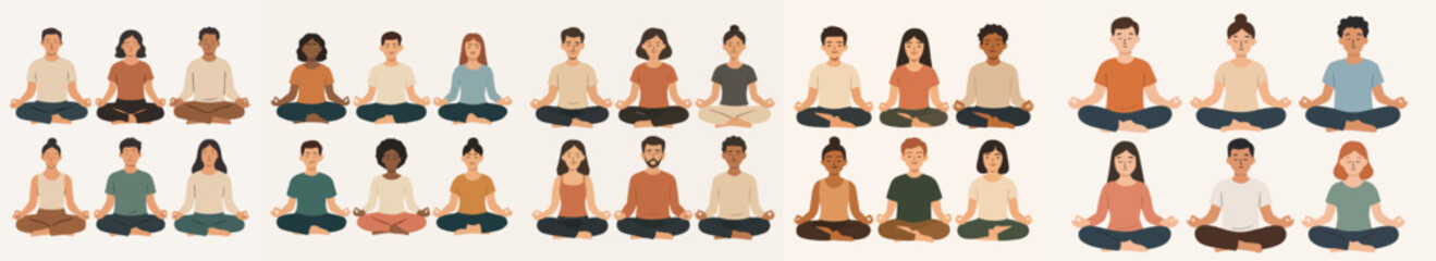 Vector Set People meditating in lotus position peace zen