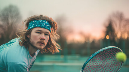 Intense Young Male Tennis Player with Headband and Long Hair Ready to Hit the Ball on an Outdoor Court at Dusk