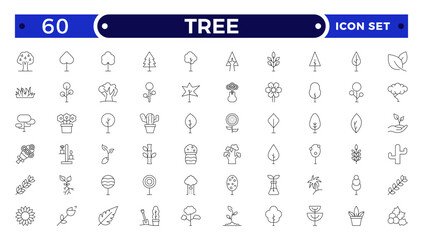 Tree Outline icon collection. Includes thin line symbols nature, basil, tree, ecology, plant, eco and more. Isolated icons. Leaf icon set.