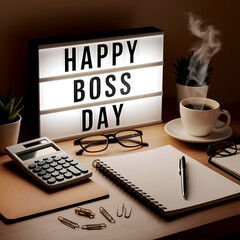 "Happy Boss Day Office Flat Lay with Coffee and Stationery | Professional Appreciation Image"