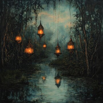 Mystic swamp scene with hanging lanterns