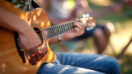 Fototapeta premium Person playing acoustic guitar outdoors