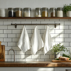 Modern Kitchen Interior with Hanging Tea Towels and Organized Shelving Decor