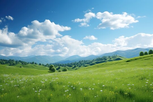 Fototapeta Photo of meadow hills sky landscape grassland.
