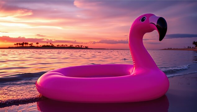 Inflatable pink flamingo swimming float at sunset by the beach  