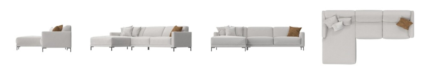large beige fabric sectional sofa furniture multiple view isolated.