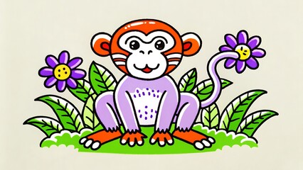 Naklejka premium Adorable Cartoon Monkey Illustration Jungle Friends, Happy Primate, Vibrant Colors