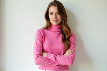 A woman stands with her arms crossed wearing a pink turtle neck sweater