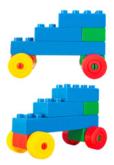 Fototapeta premium Isolated photo of construction block toy car on white background.