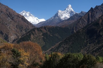 Scenery of trekking Everest Base Camp (around Dingboche) with Ama Dablam 6812 m on horizon. Himalayas, Sagarmatha National Park, Nepal