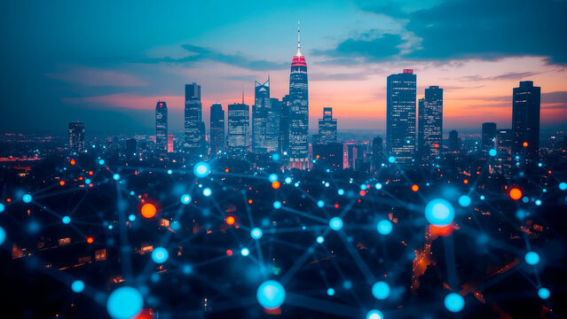 Iridescent Skyscrapers and Data Network in Twilight Urban Landscape