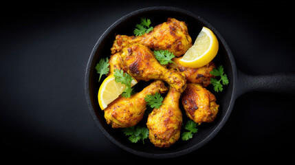 Skillet filled with golden roasted chicken drumsticks garnished with lemon wedges and cilantro