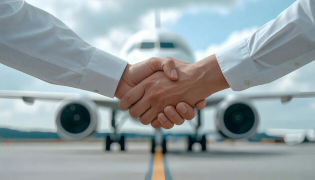 Handshake between two people in white sleeves in front of a large airplane. Futuristic style with vibrant blue color and glowing light effects. Suitable for aviation industry, airport services