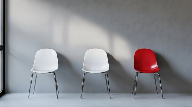 Row of white and red chairs in front of a concrete wall.