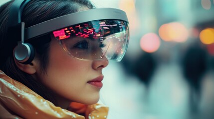 Person wearing futuristic VR glasses in city