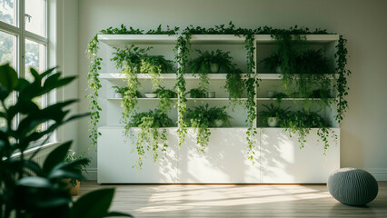 Emerald Green Foliage Shelving Unit, Bright Airy Living Room, Serene Texture
