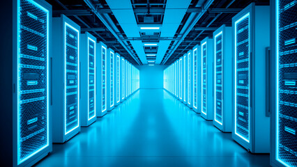 Modern Server Room - Geometric Precision & Cool Blue Light Atmosphere