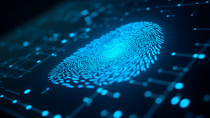 Iridescent Blue Fingerprint Scan Projection on Dark Digital Screen, Futuristic Security