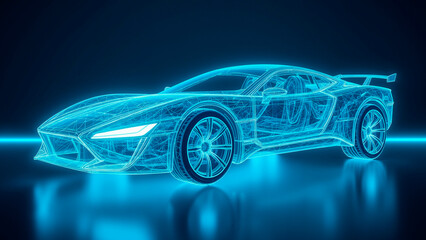 Holographic Automotive Wireframe Floating Against Indigo Background, Futuristic Design