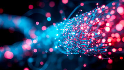 Iridescent Fiber Optic Cable Cross-Section Illuminated with Cyan and Magenta Light